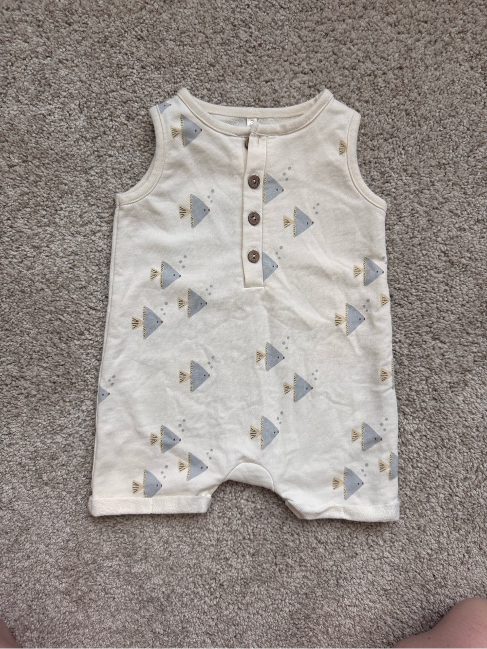 Rylee + Cru Cream Sleeveless Romper with Gray and Gold Fish Print